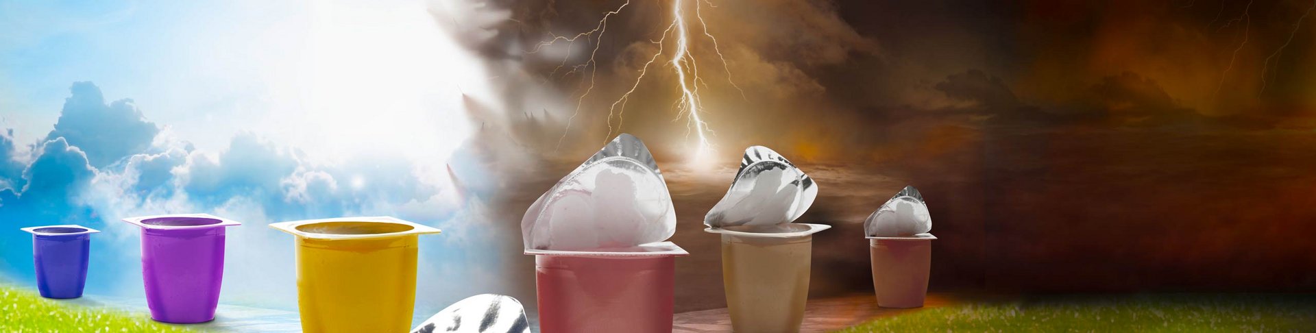 Joghurtbecher ohne Deckel sind in der Sonne und mit Deckel im Gewitter mit Blitzen. 